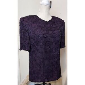 Camille Marie Top Womens Large Purple 100% Silk Beaded Front Half Sleeve Vintage